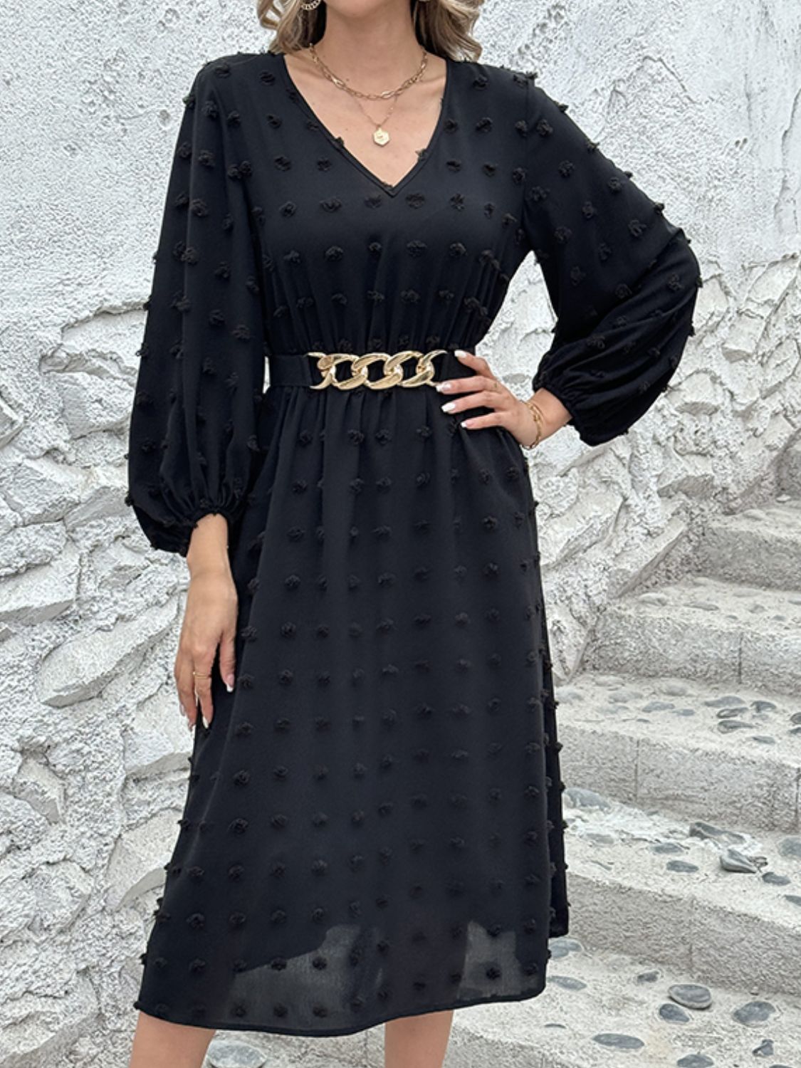 Swiss Dot V-Neck Long Sleeve Midi Dress