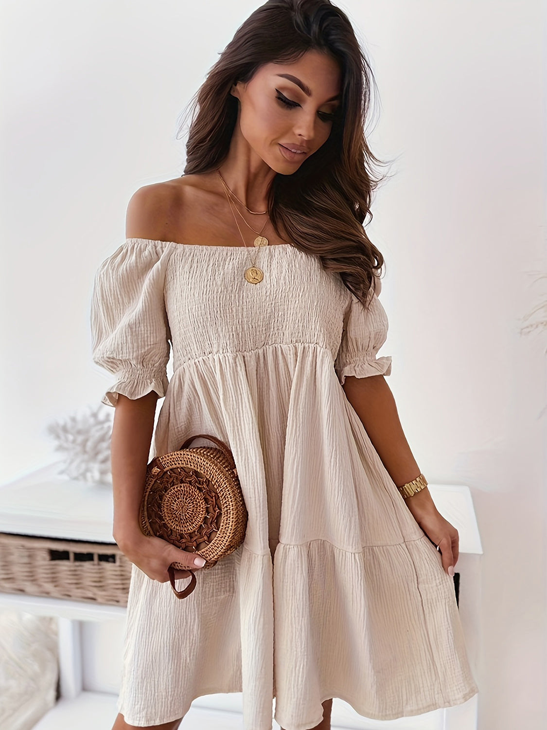 Full Size Ruffled Off-Shoulder Short Sleeve Dress - Elegant Aura Boutique