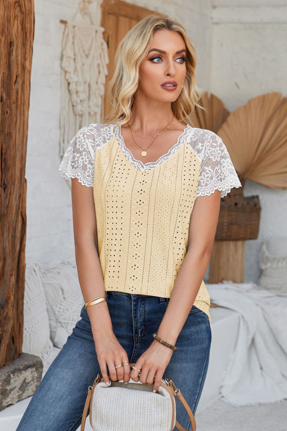 V-Neck Lace Short Sleeve T-Shirt