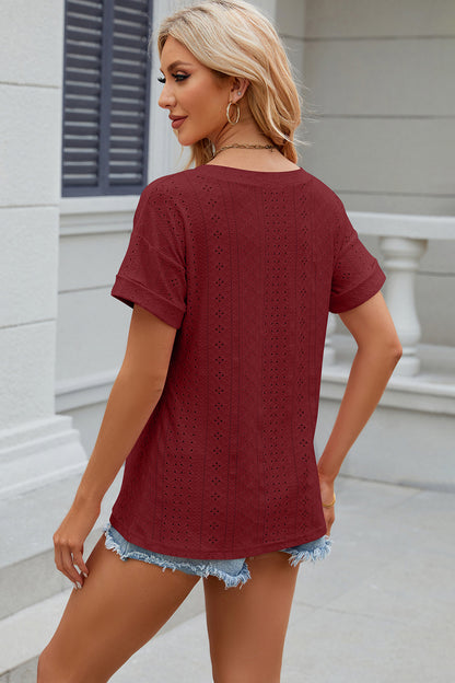 Eyelet V-Neck Short Sleeve Blouse