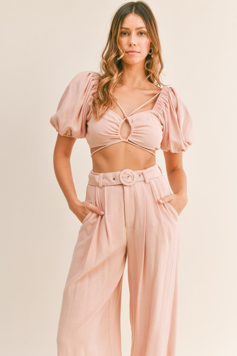 Cut Out Drawstring Crop Top and Belted Pants Set - Elegant Aura Boutique