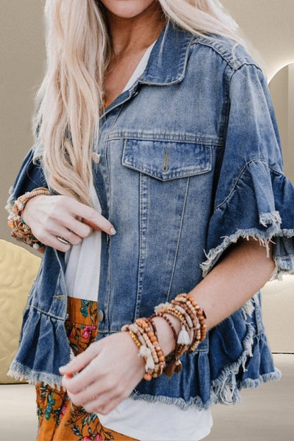 Ruffled Raw Hem Denim Top