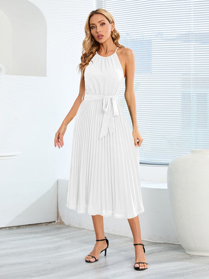 Pleated Tie Waist Midi Dress