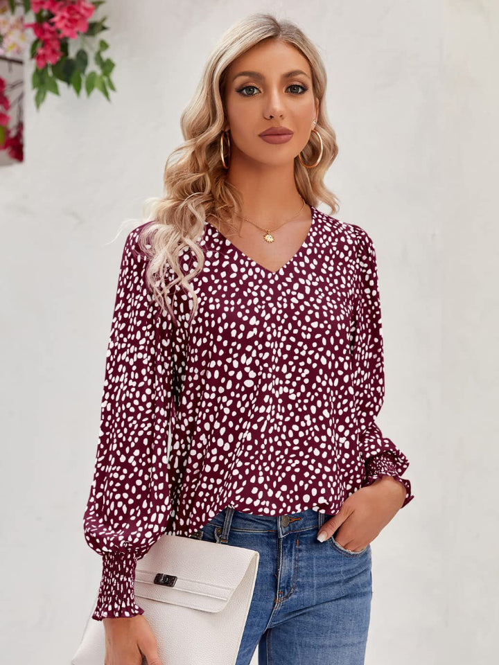 Stylish Printed V-Neck Lantern Sleeve Blouse