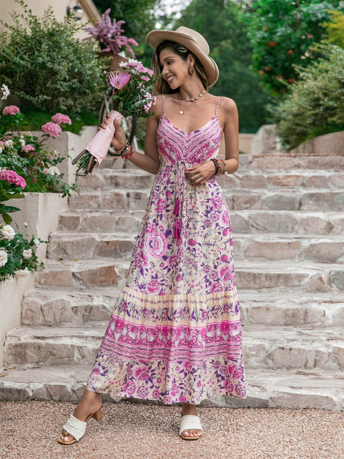 Tassel Printed V-Neck Maxi Dress - Elegant Aura Boutique