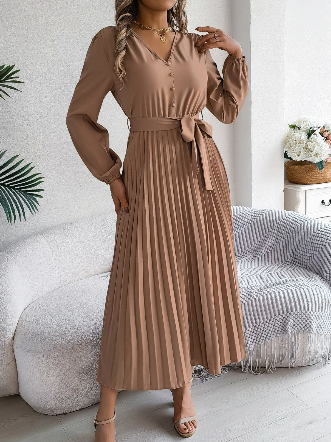 Pleated V-Neck Long Sleeve Dress