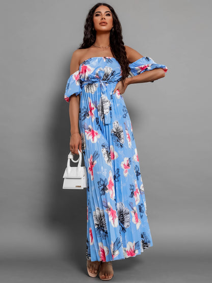 Pleated Floral Off-Shoulder Short Sleeve Midi Dress - Elegant Aura Boutique