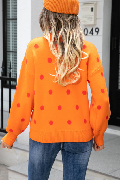 Polka Dot Round Neck Dropped Shoulder Sweater