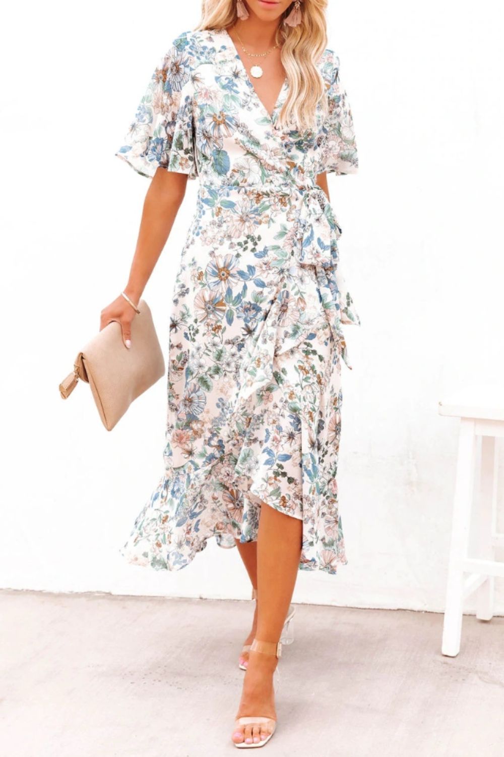 Printed Surplice Flutter Sleeve Midi Dress