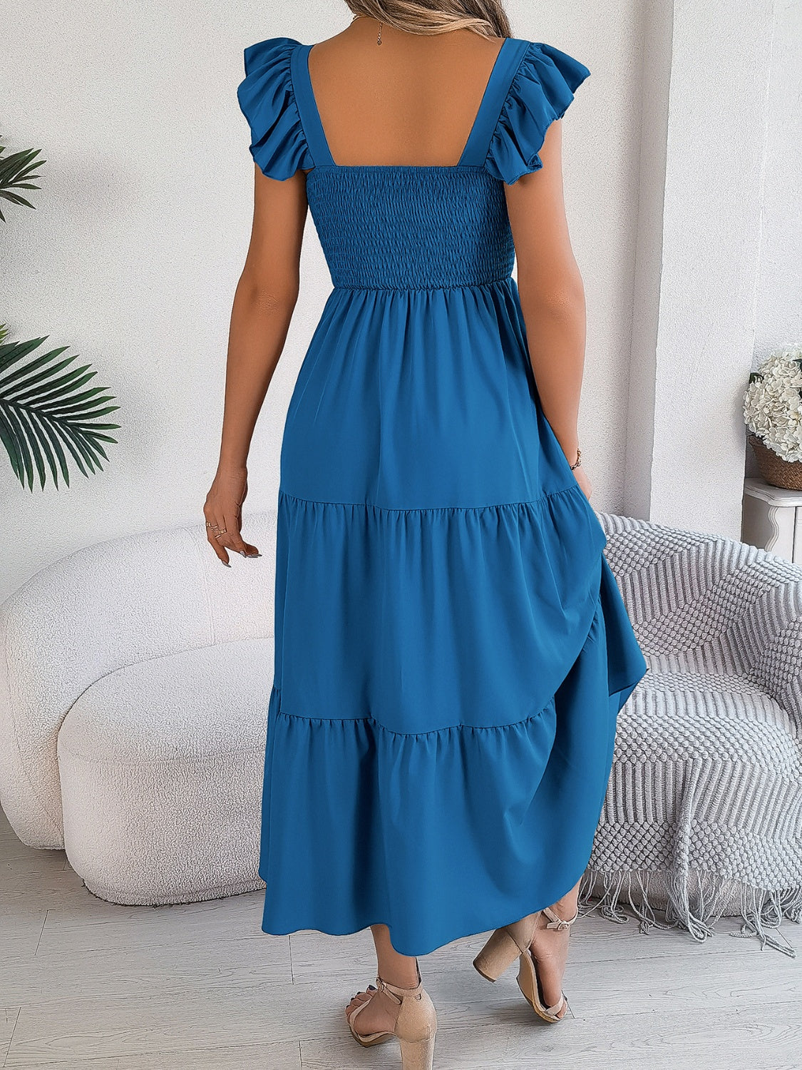 Smocked Square Neck Cap Sleeve Midi Dress - Elegant Aura Boutique