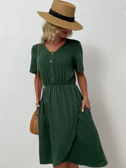 V-Neck Short Sleeve Slit Dress