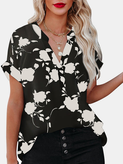 Printed Notched Short Sleeve Blouse