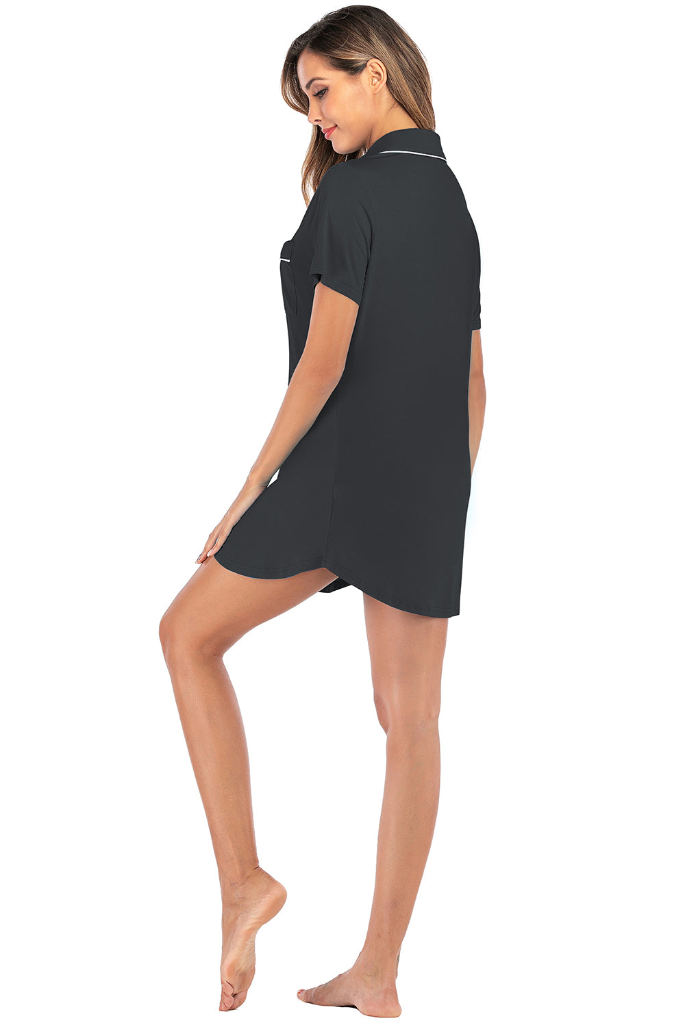 Piping Pocketed Short Sleeve Lounge Dress - Elegant Aura Boutique