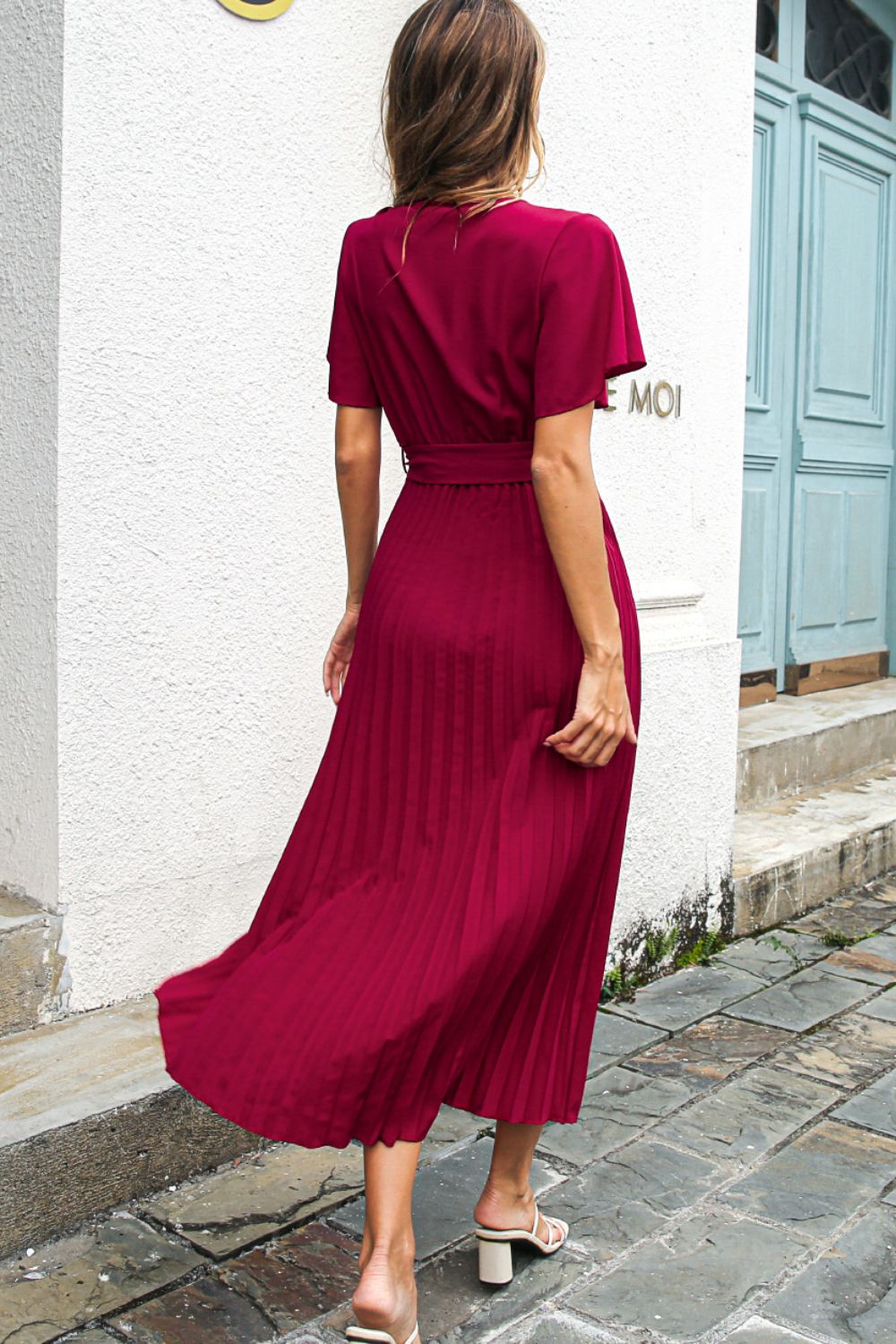 Belted Surplice Midi Dress