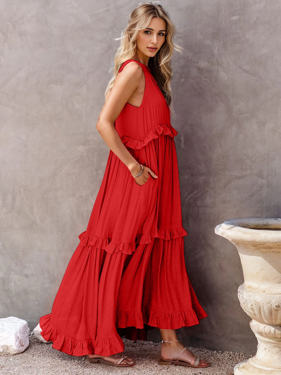 Ruffled Sleeveless Tiered Maxi Dress with Pockets - Elegant Aura Boutique