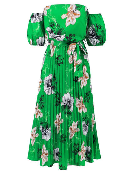 Pleated Floral Off-Shoulder Short Sleeve Midi Dress - Elegant Aura Boutique