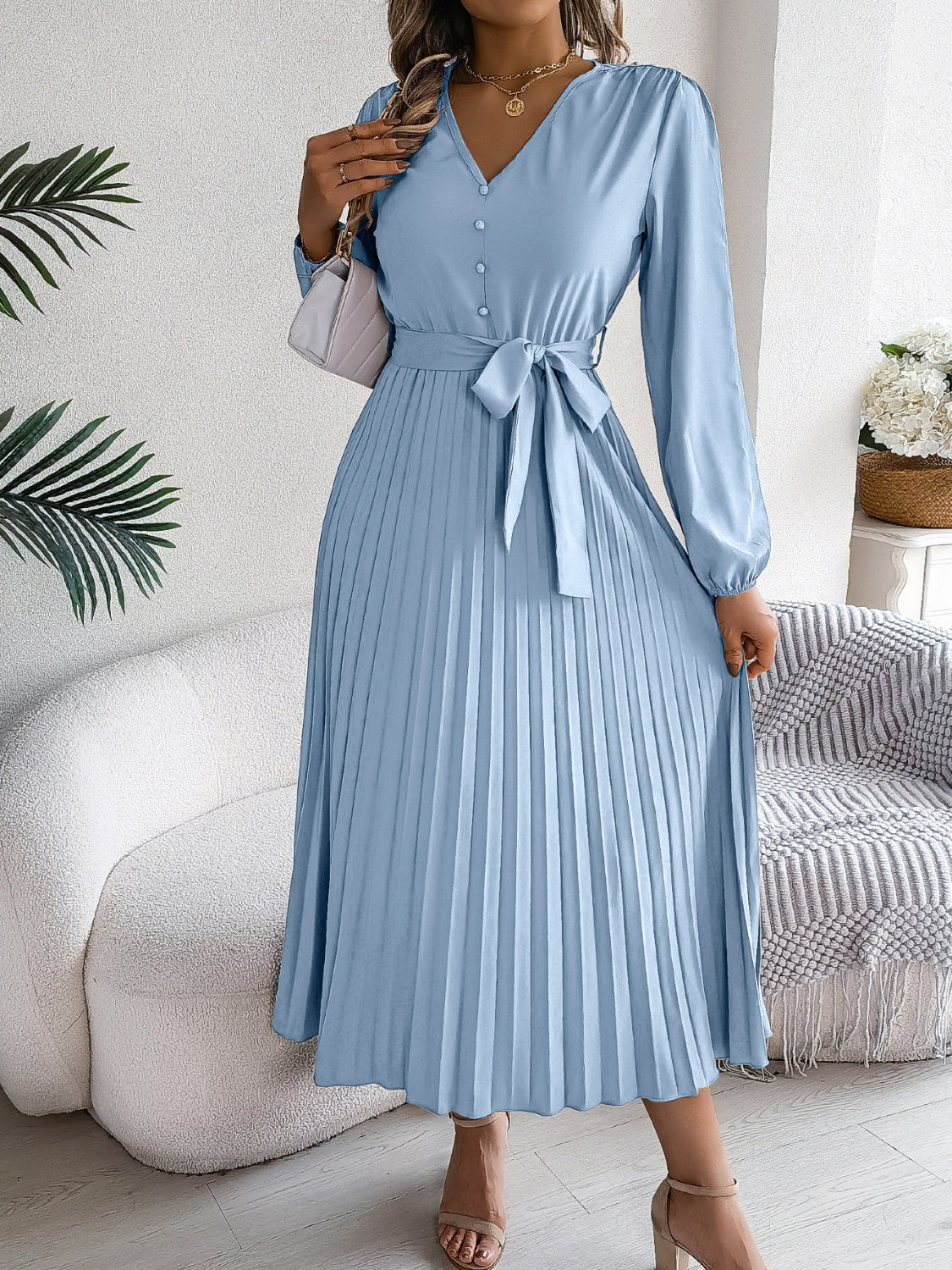 Pleated V-Neck Long Sleeve Dress