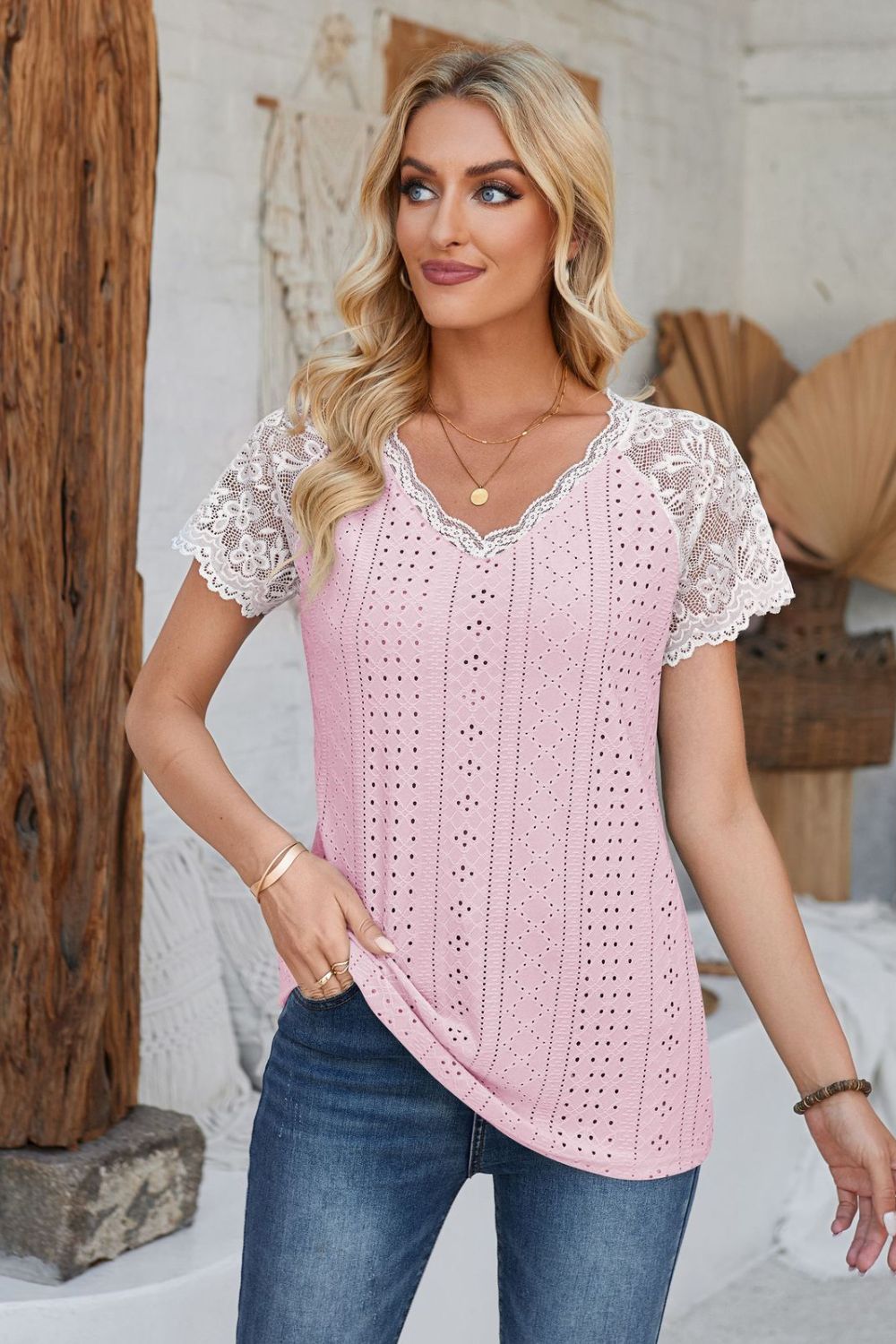 V-Neck Lace Short Sleeve T-Shirt