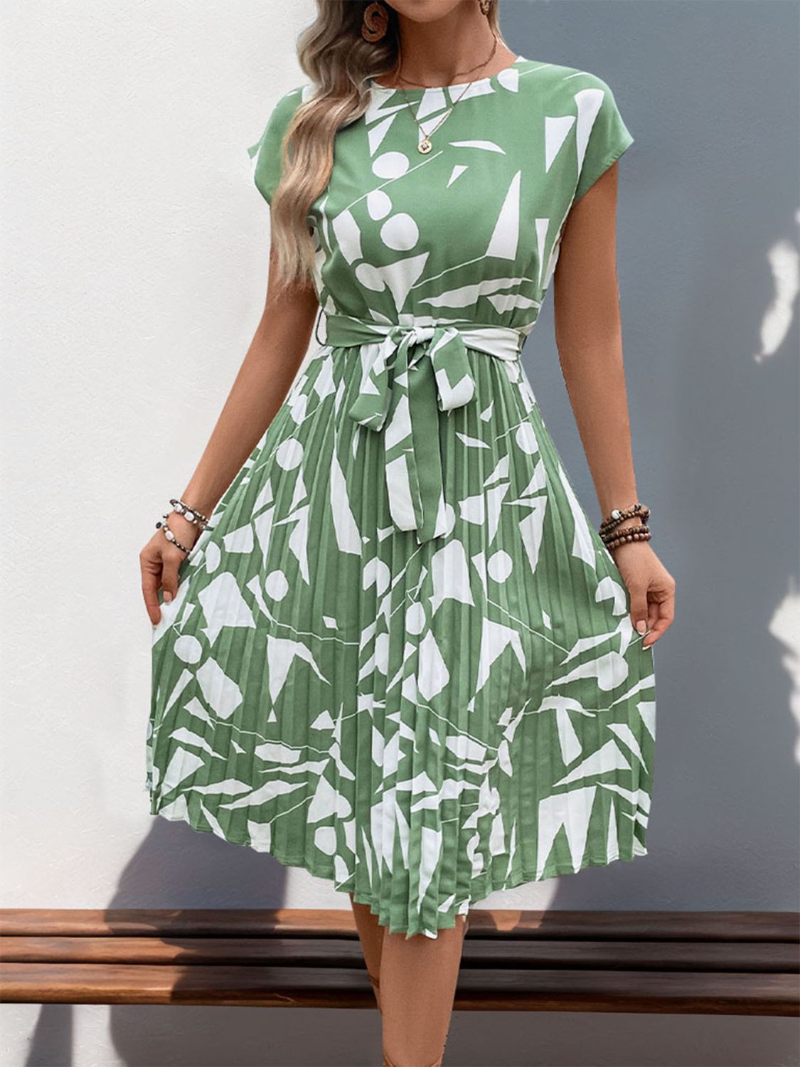 Pleated Printed Cap Sleeve Dress