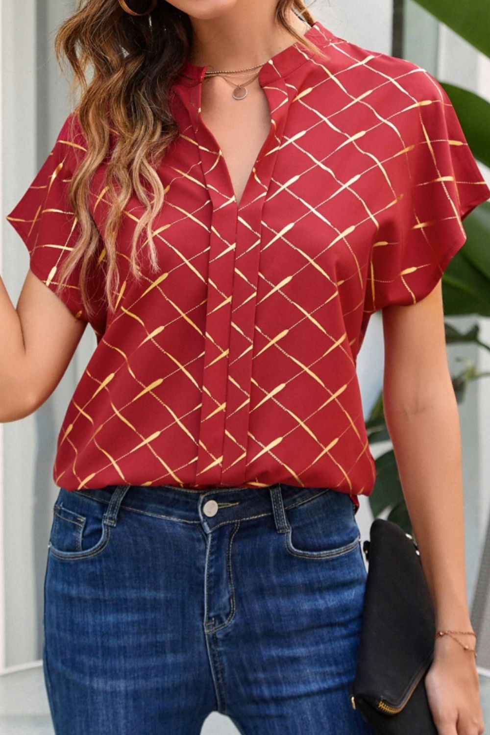 Stylish Print Notched Short Sleeve Blouse