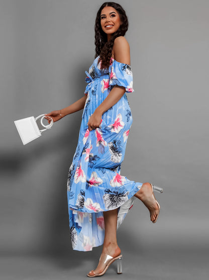 Pleated Floral Off-Shoulder Short Sleeve Midi Dress - Elegant Aura Boutique