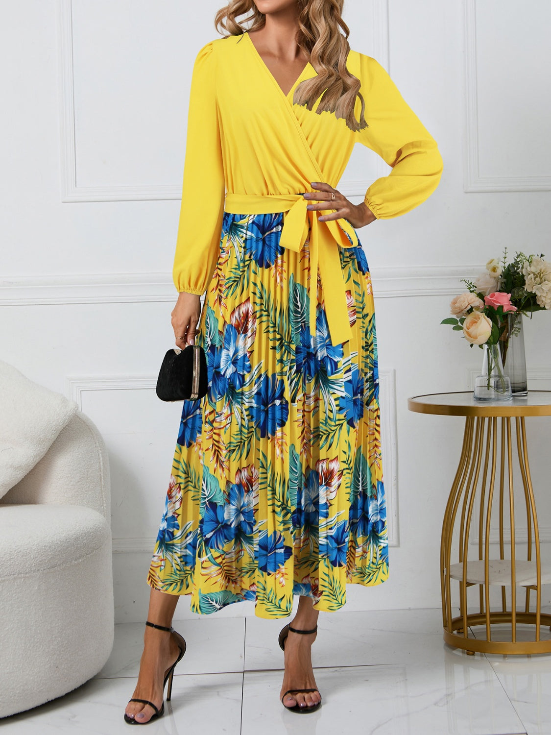 Printed Surplice Long Sleeve Dress