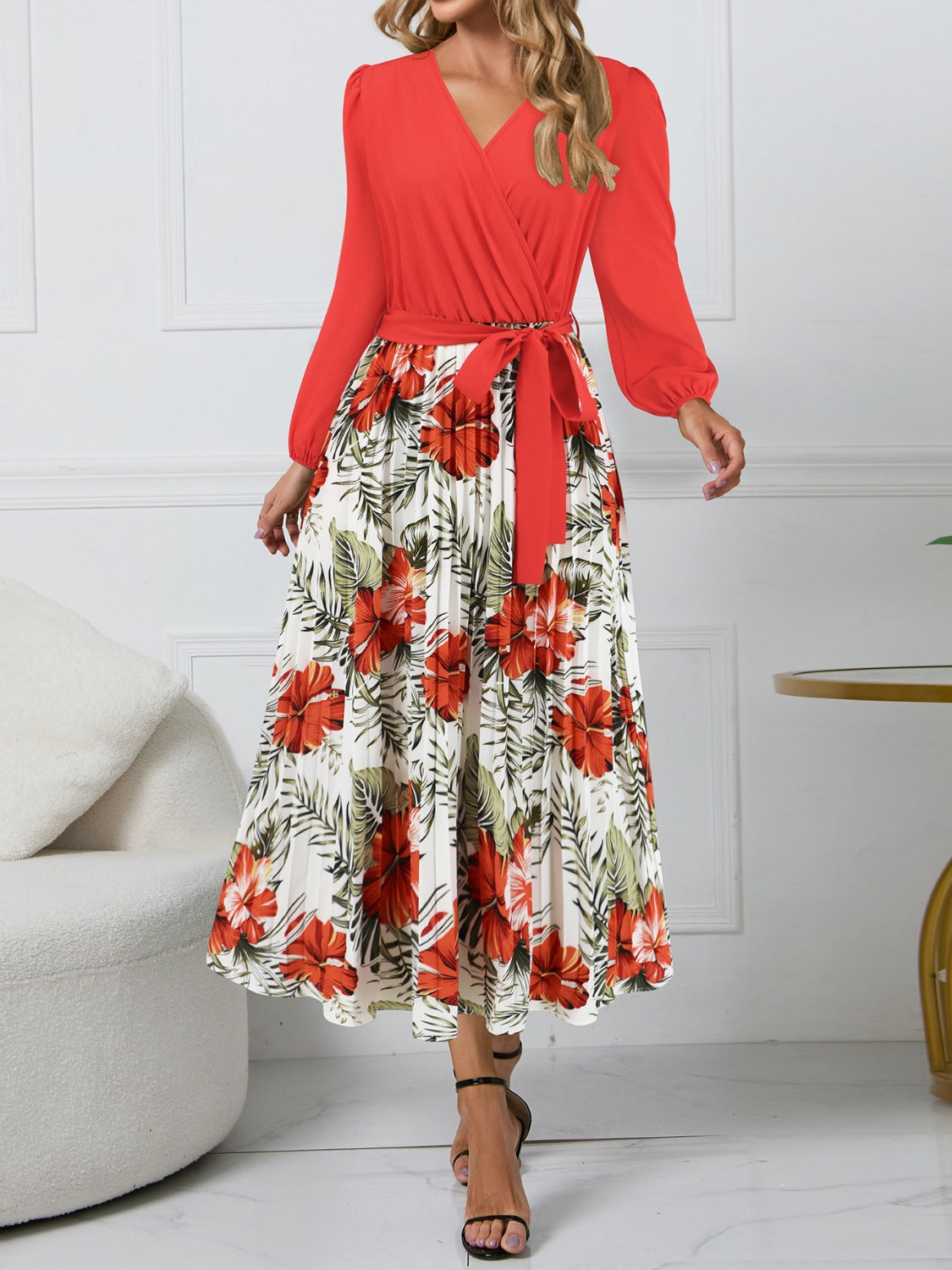 Printed Surplice Long Sleeve Dress