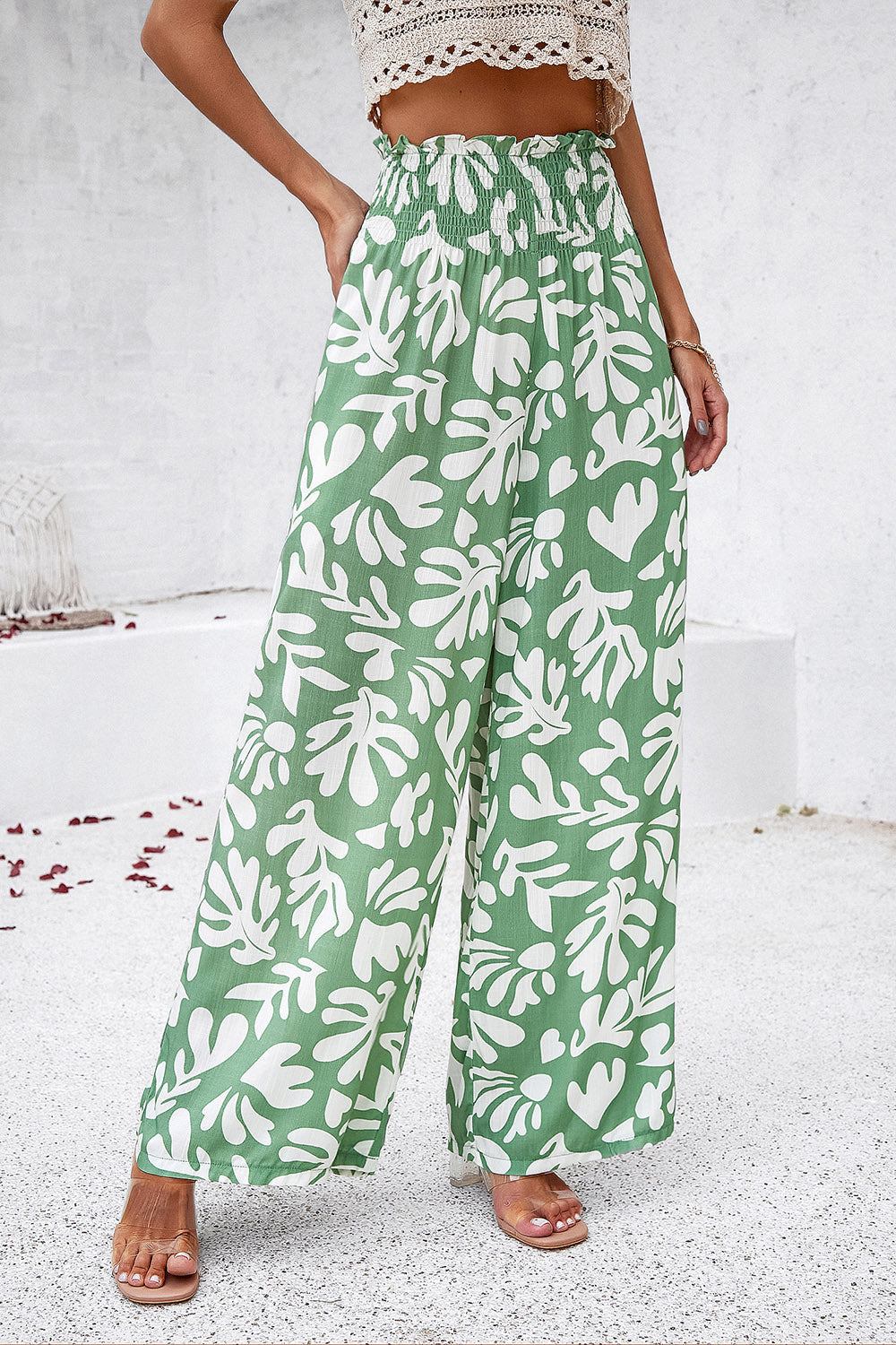 Asymetrical Printed Wide Leg Pants with Pockets - Elegant Aura Boutique