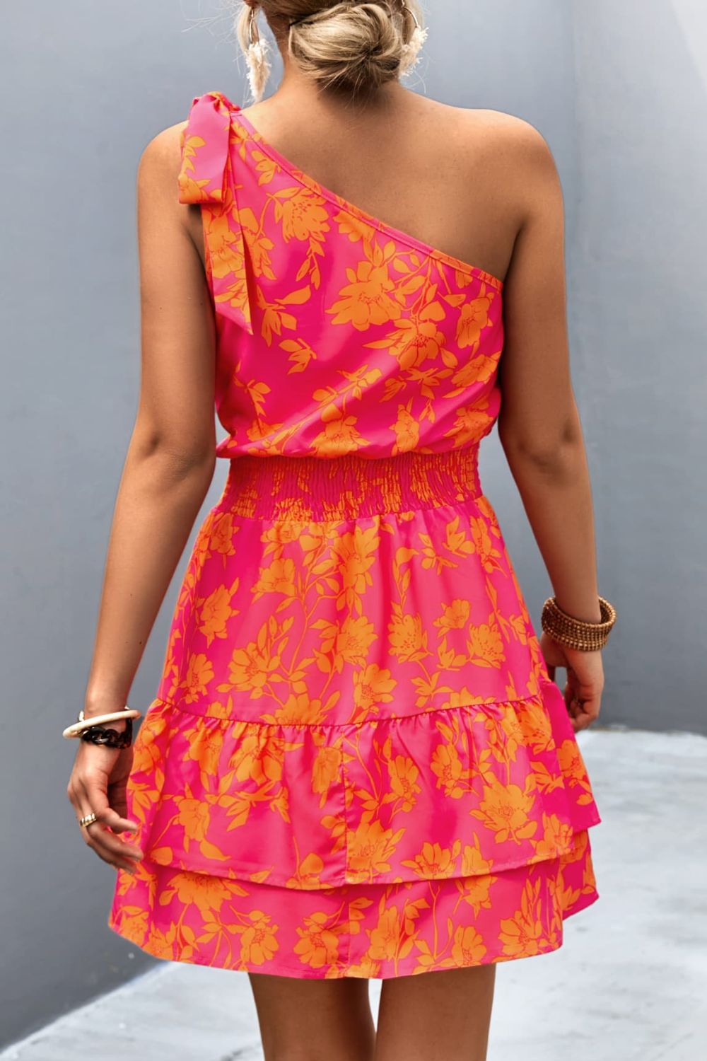 Tied Smocked Printed Single Shoulder Dress - Elegant Aura Boutique