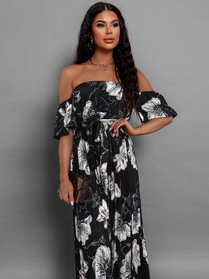 Pleated Floral Off-Shoulder Short Sleeve Midi Dress - Elegant Aura Boutique