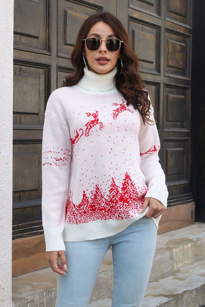 Reindeer & Snow Pattern Turtle Neck Sweater