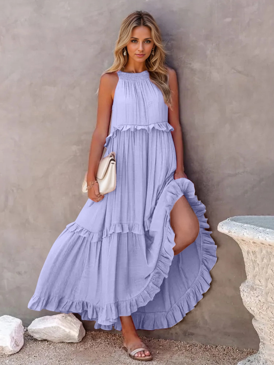 Ruffled Sleeveless Tiered Maxi Dress with Pockets - Elegant Aura Boutique