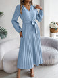 Pleated V-Neck Long Sleeve Dress