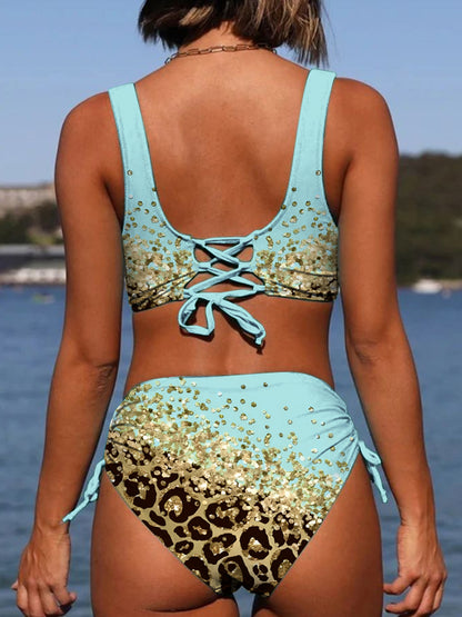 Lace-Up Printed Wide Strap Bikini Set