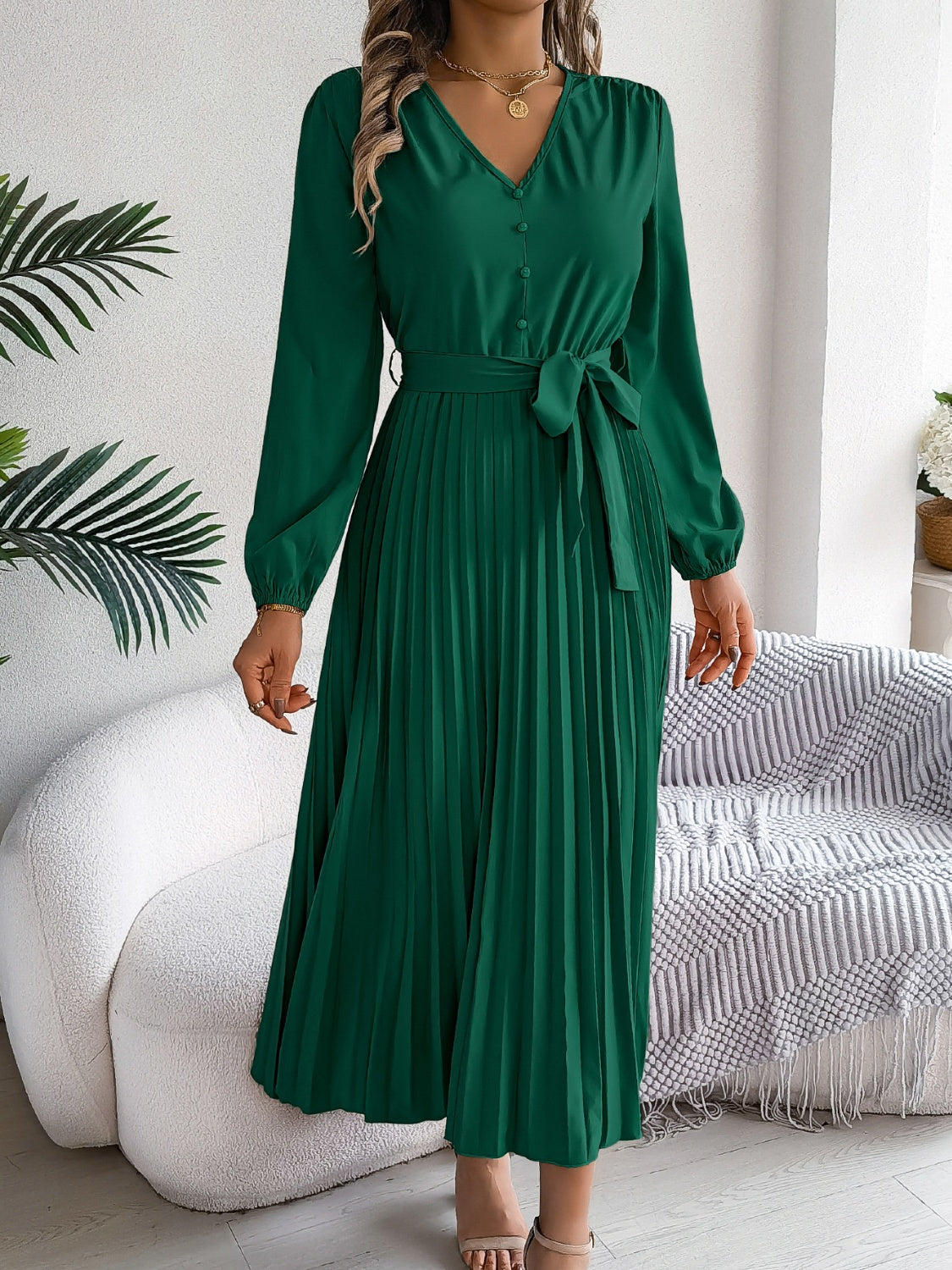 Pleated V-Neck Long Sleeve Dress