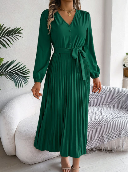 Pleated V-Neck Long Sleeve Dress