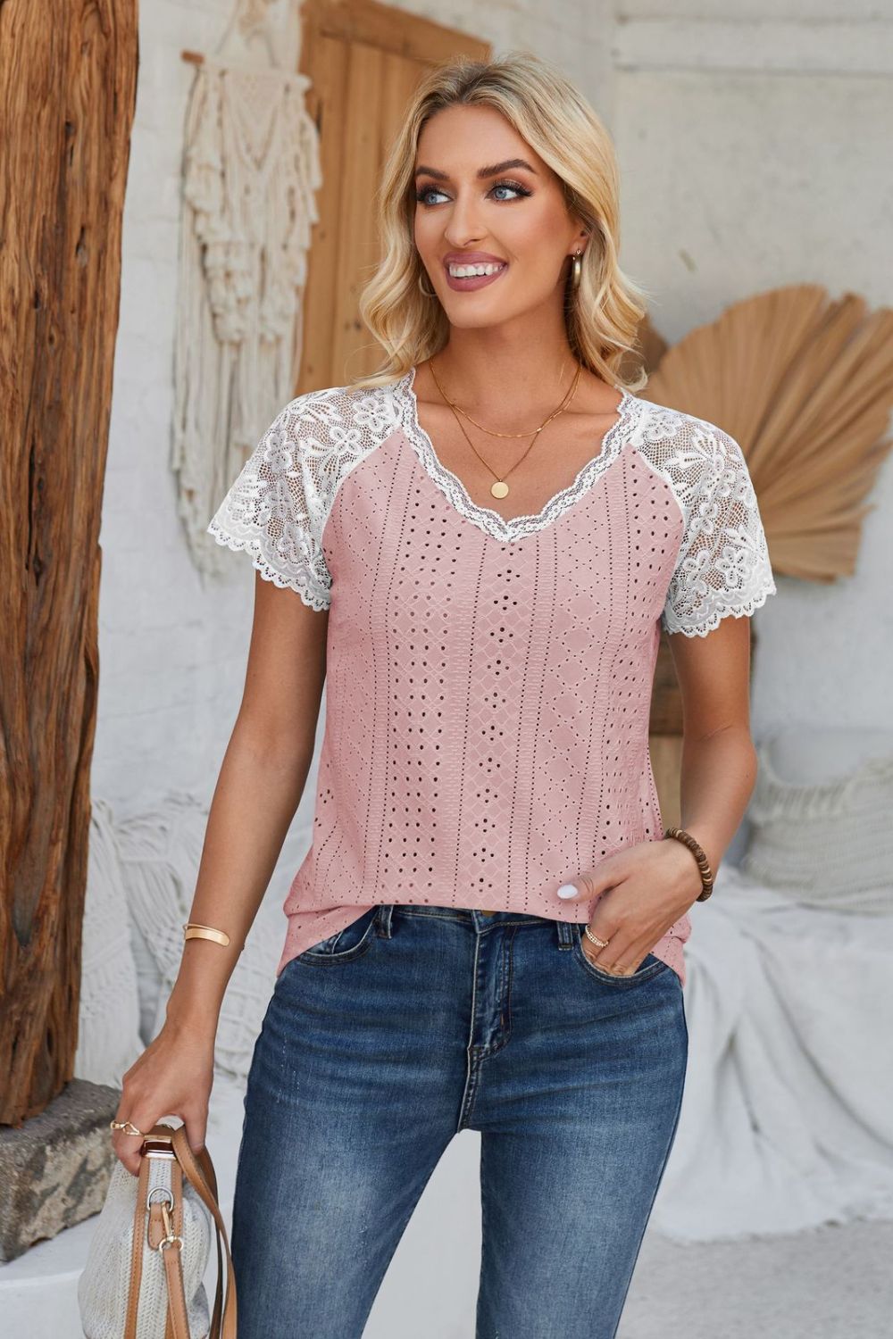 V-Neck Lace Short Sleeve T-Shirt