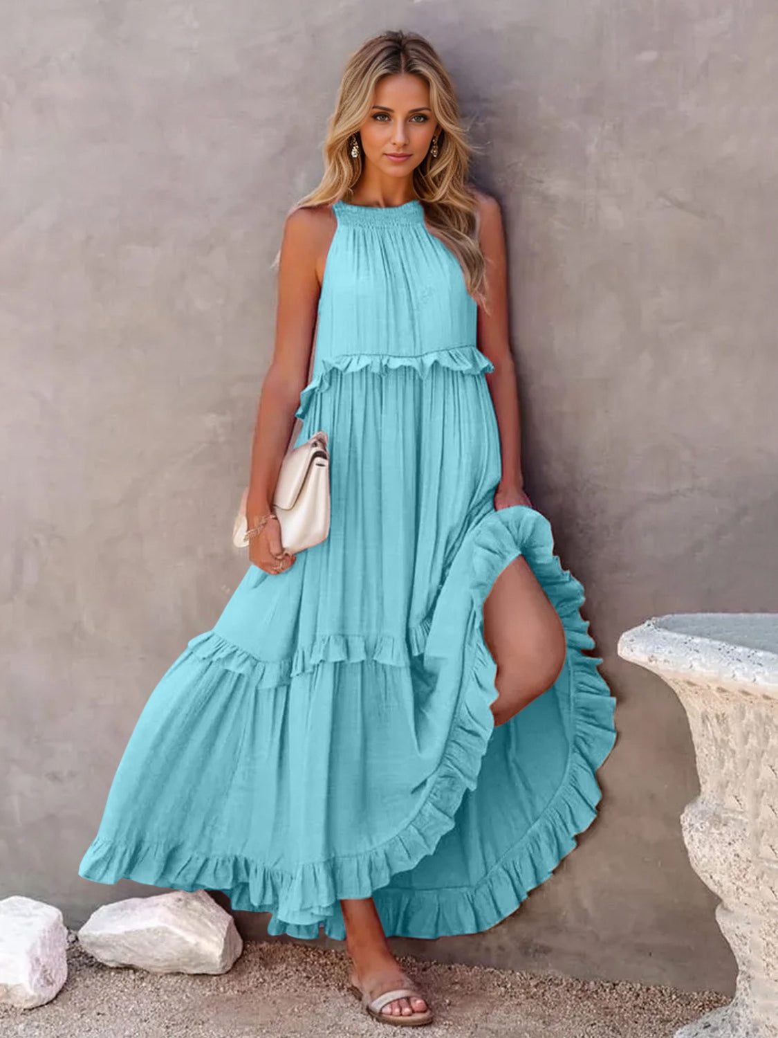 Ruffled Sleeveless Tiered Maxi Dress with Pockets - Elegant Aura Boutique