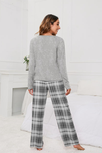 Long Sleeve Top and Bow Plaid Pants Lounge Set