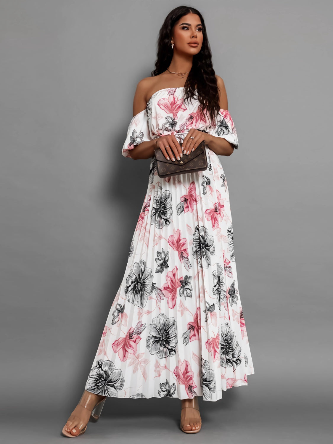 Pleated Floral Off-Shoulder Short Sleeve Midi Dress - Elegant Aura Boutique