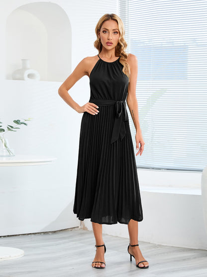 Pleated Tie Waist Midi Dress