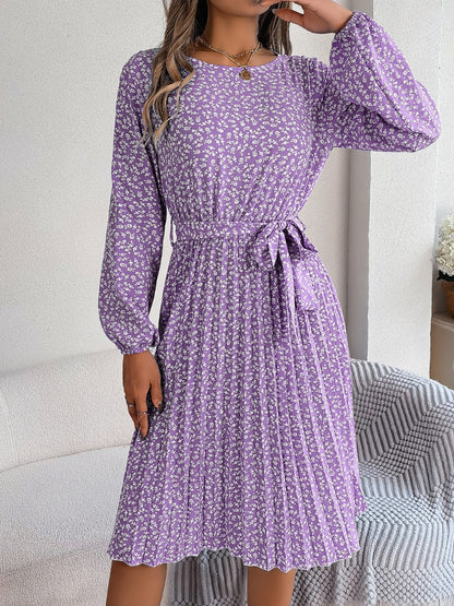 Floral Tie Waist Pleated Dress