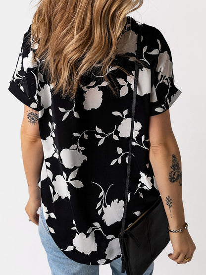 Printed Notched Short Sleeve Blouse