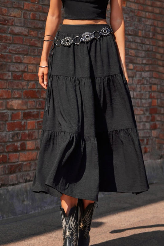 Elastic Waist Tiered Midi Skirt - Elegant Aura Boutique