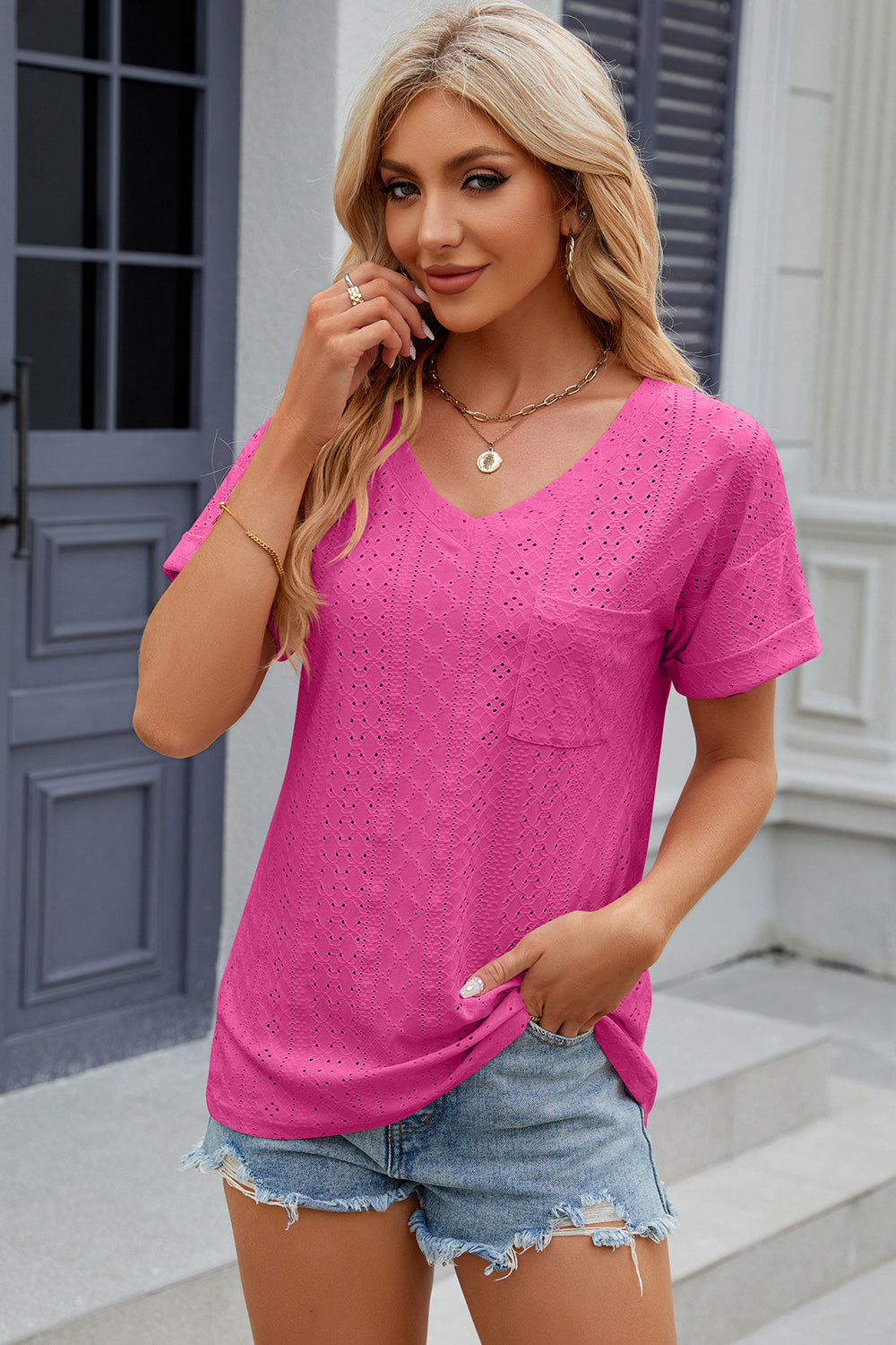 Eyelet V-Neck Short Sleeve Blouse