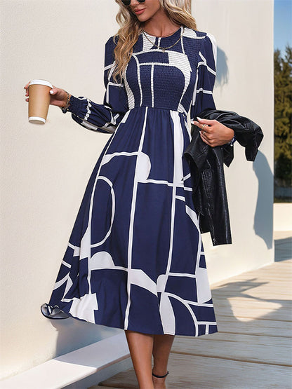 Smocked Color Block Long Sleeve Dress