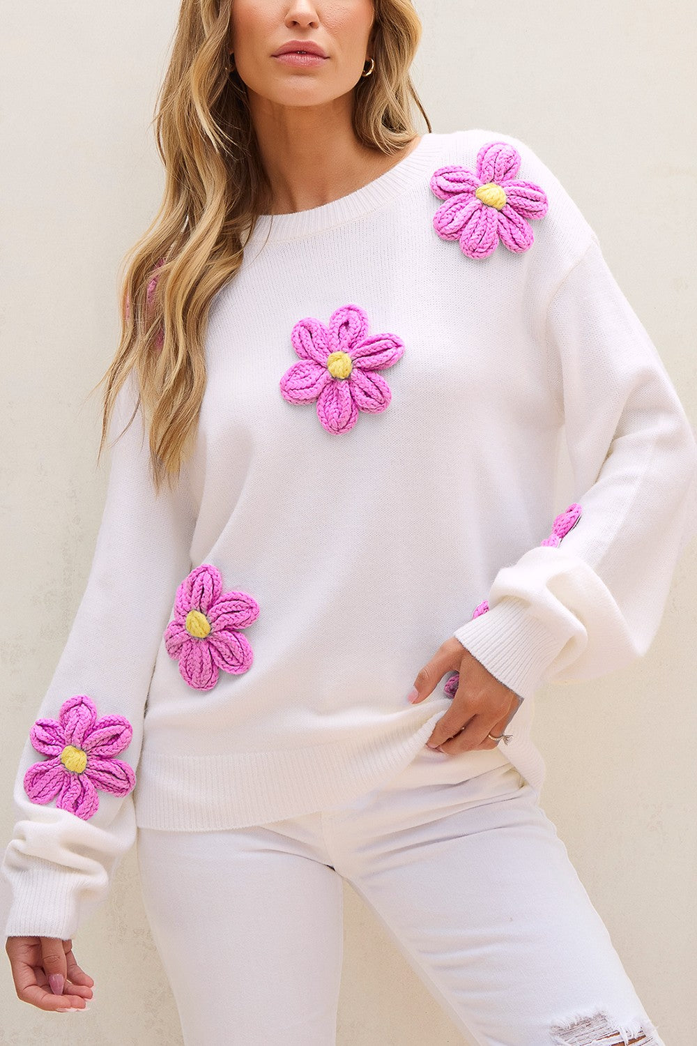 Flower Round Neck Long Sleeve Sweater