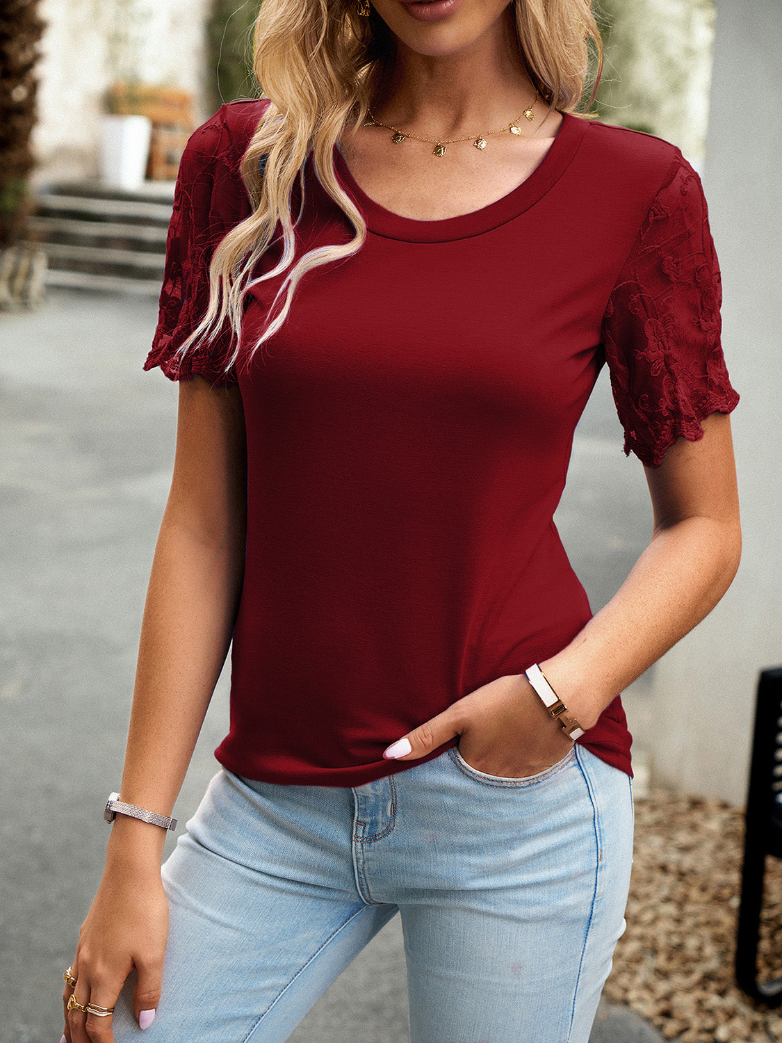 Elegant Lace Round Neck T-Shirt