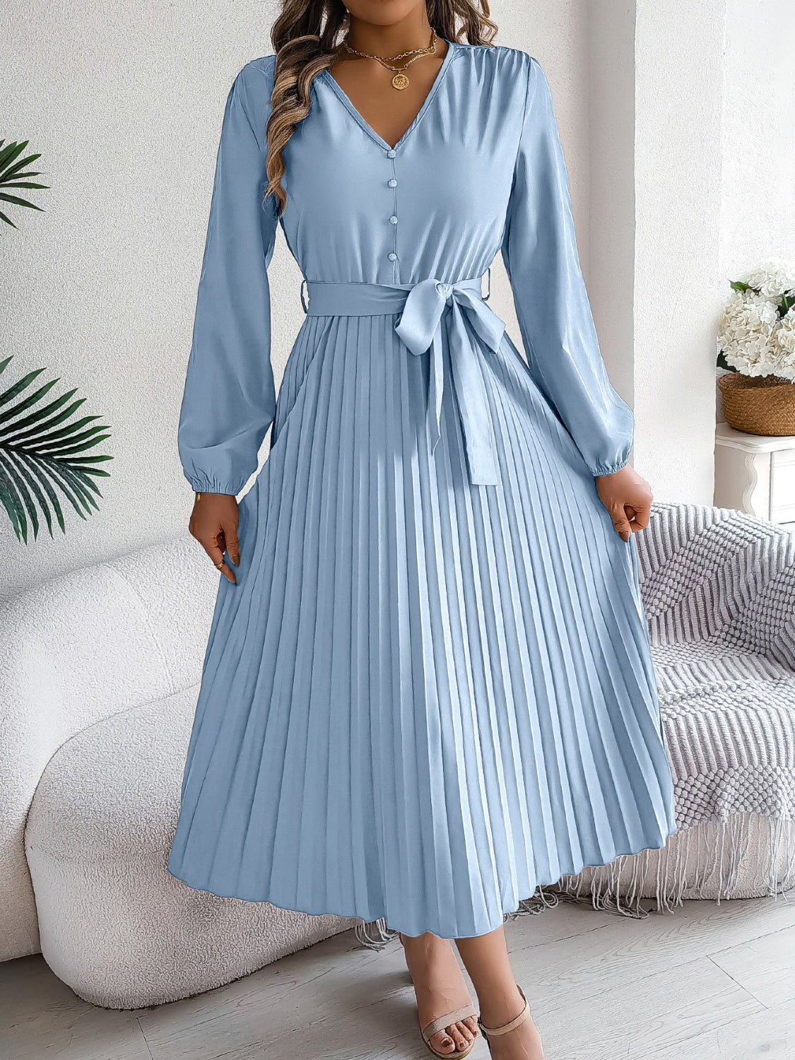 Pleated V-Neck Long Sleeve Dress