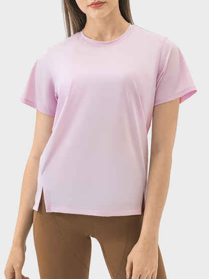 Slit Round Neck Short Sleeve Active Top